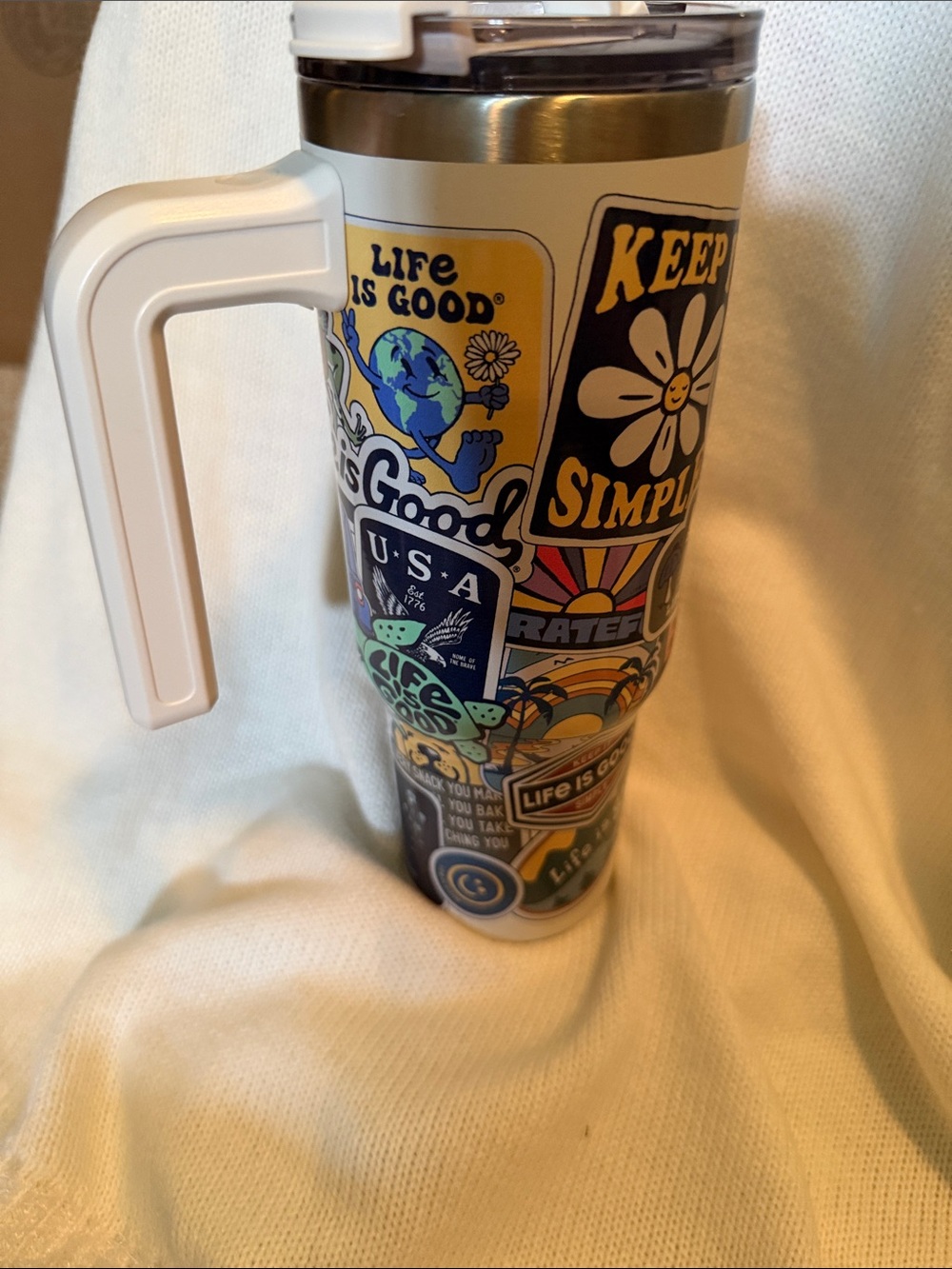 Life Is Good Stainless Tumbler with White Handle and Multicolor Graphics